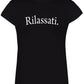 T-shirt donna nera in cotone con scritta Rilassati, streetwear essenziale Rimini