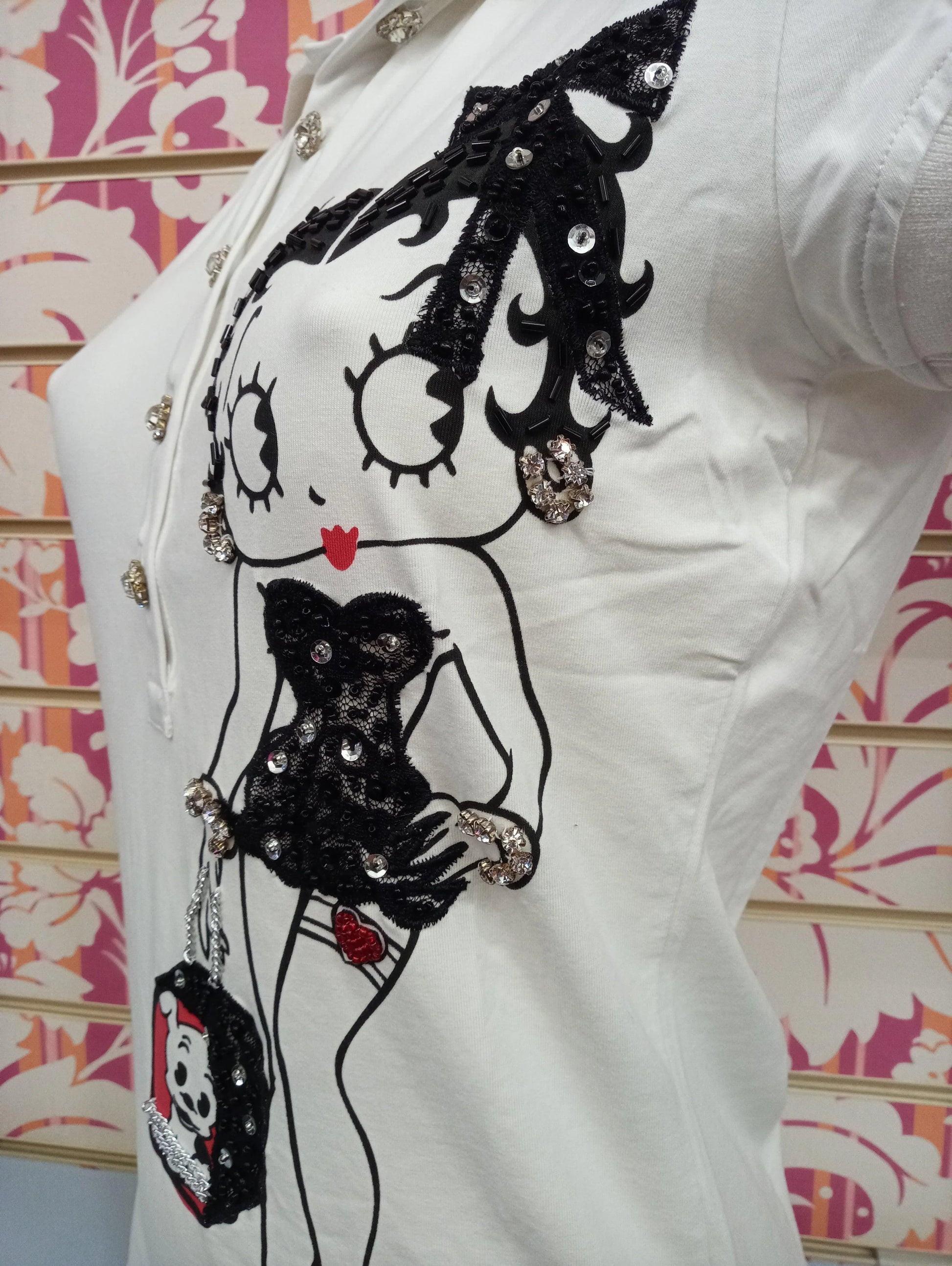 T-shirt donna bianca con stampa Betty Boop decorata con paillettes, streetwear originale