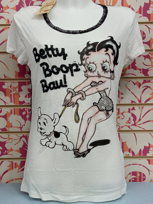 T-shirt donna bianca streetwear con stampa Betty Boop e cane, stile urban moda Rimini