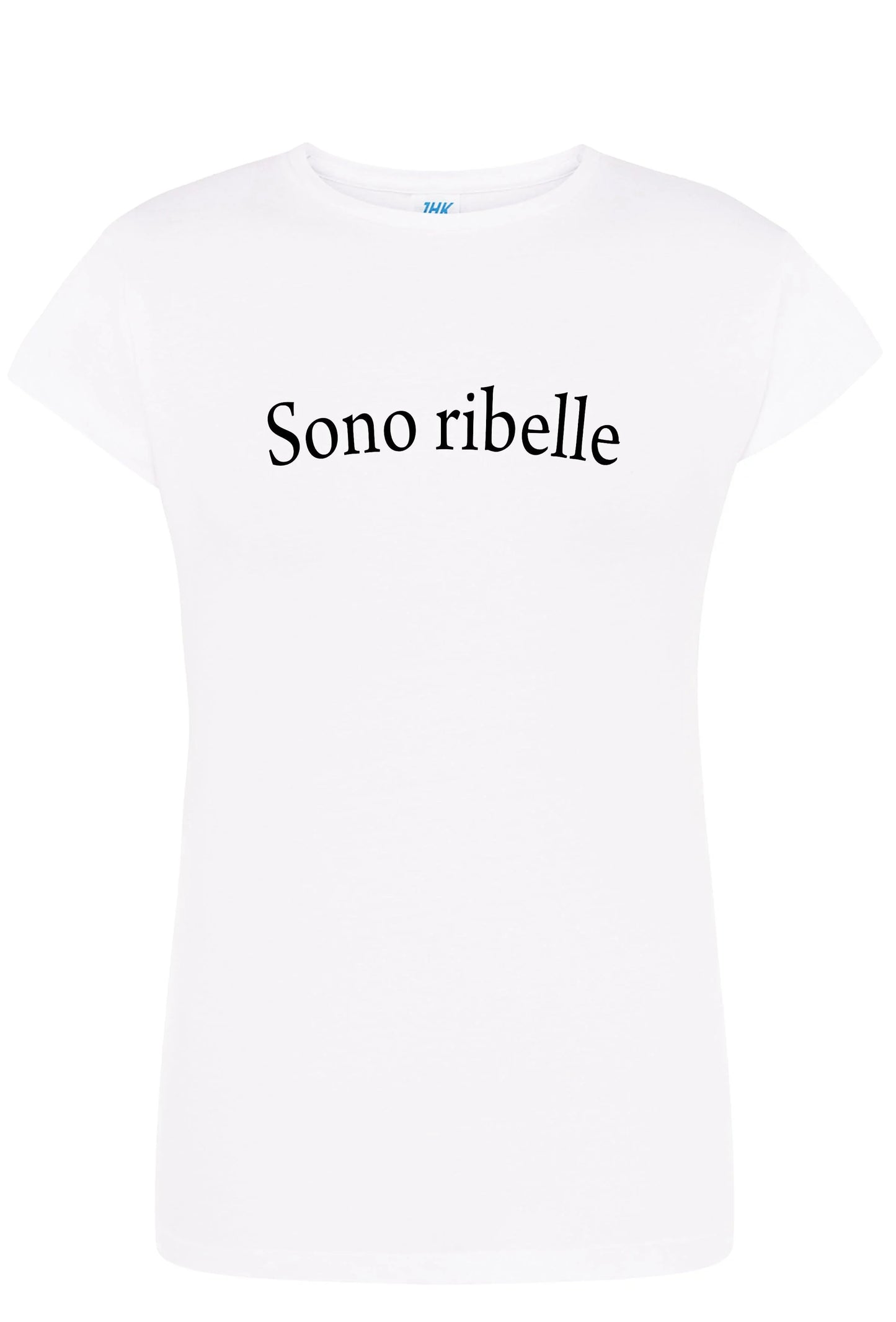 T-shirt bianca donna streetwear con scritta Sono ribelle, stile urban, cotone pettinato
