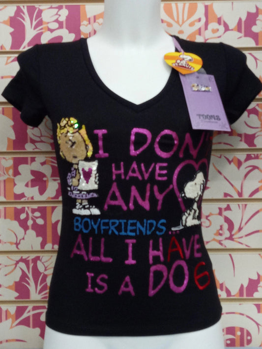 T-shirt donna street style nera con Snoopy e scritta glitterata, moda streetwear Rimini